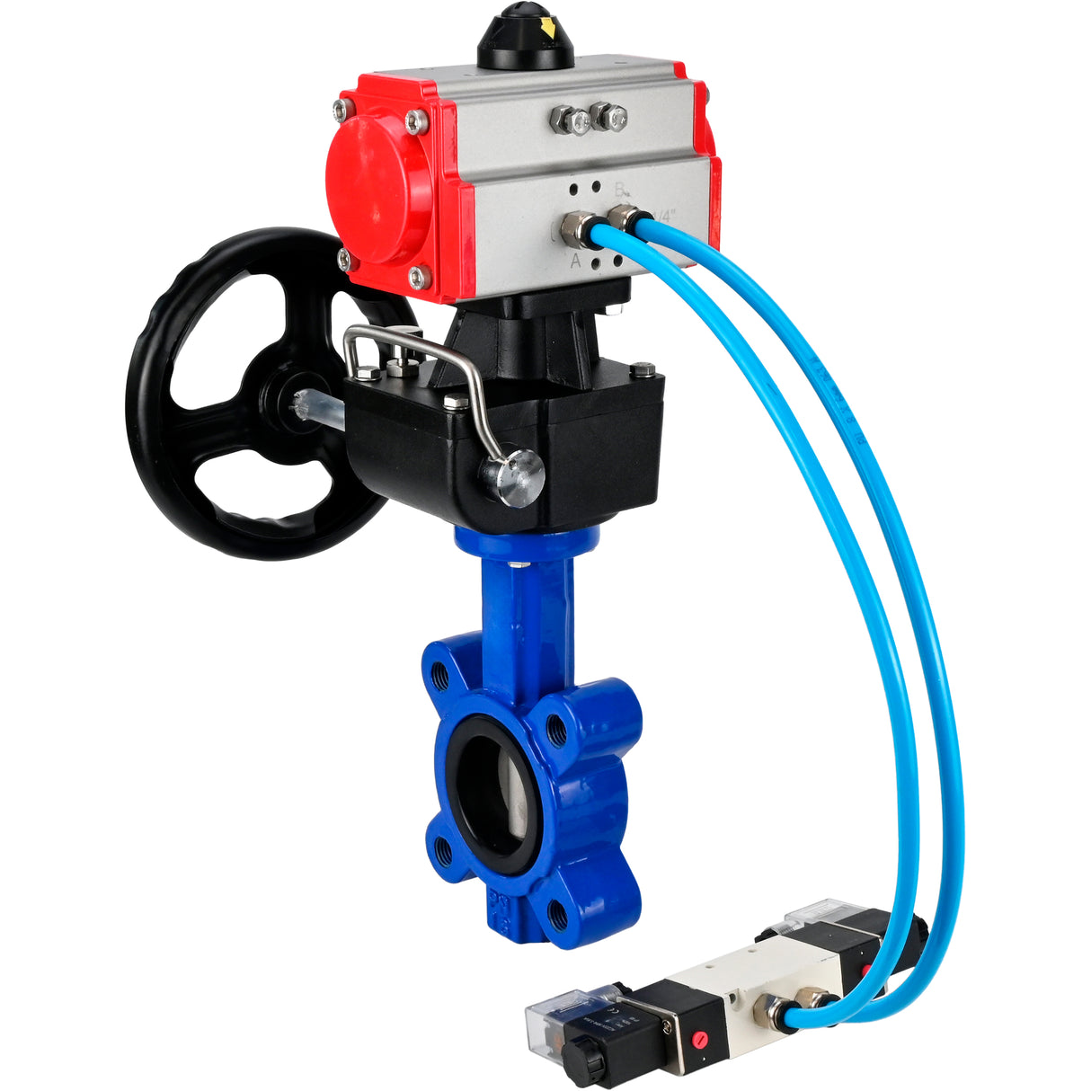 Water Butterfly Valve Elephant WBV1631E-2W-Fb-H, body material - cast iron QT450, disk material - stainless steel AISI 304, seal - EPDM, with pneumatic actuator double action PA-DA, 4V320-10 220V, handwheel MON