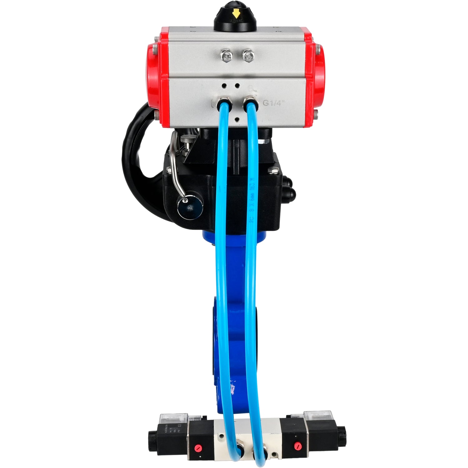 Water Butterfly Valve Elephant WBV1631E-2W-Fb-H, body material - cast iron QT450, disk material - stainless steel AISI 304, seal - EPDM, with pneumatic actuator double action PA-DA, 4V320-10 220V, handwheel MON