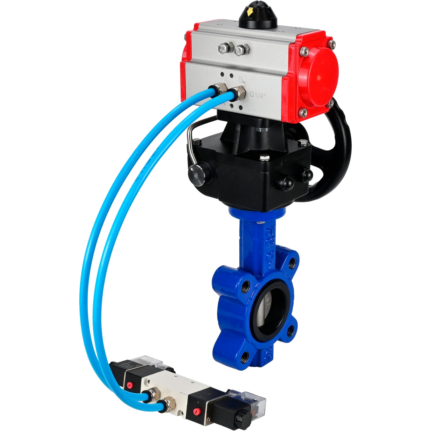 Water Butterfly Valve Elephant WBV1631E-2W-Fb-H, body material - cast iron QT450, disk material - stainless steel AISI 304, seal - EPDM, with pneumatic actuator double action PA-DA, 4V320-10 220V, handwheel MON