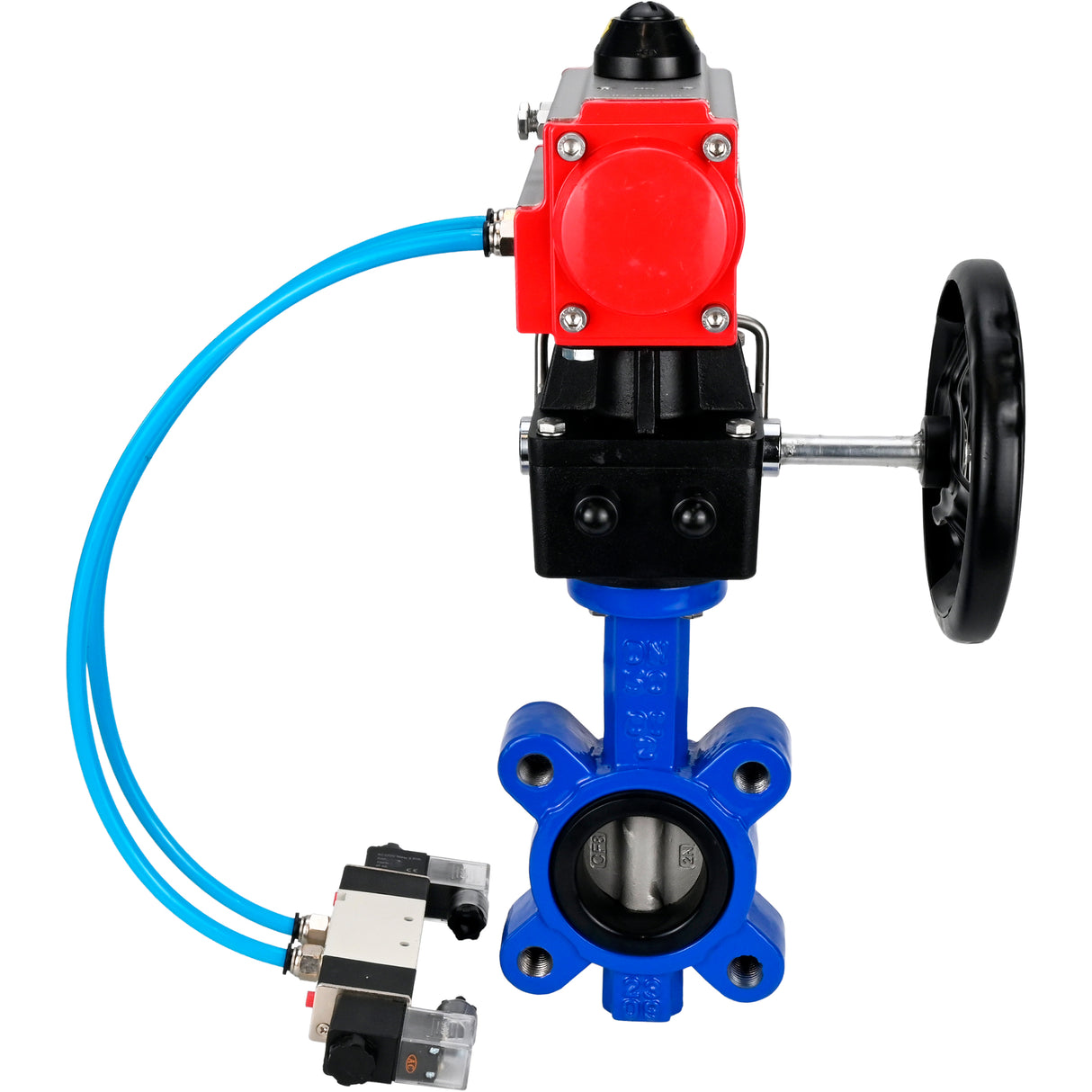 Water Butterfly Valve Elephant WBV1631E-2W-Fb-H, body material - cast iron QT450, disk material - stainless steel AISI 304, seal - EPDM, with pneumatic actuator double action PA-DA, 4V320-10 220V, handwheel MON