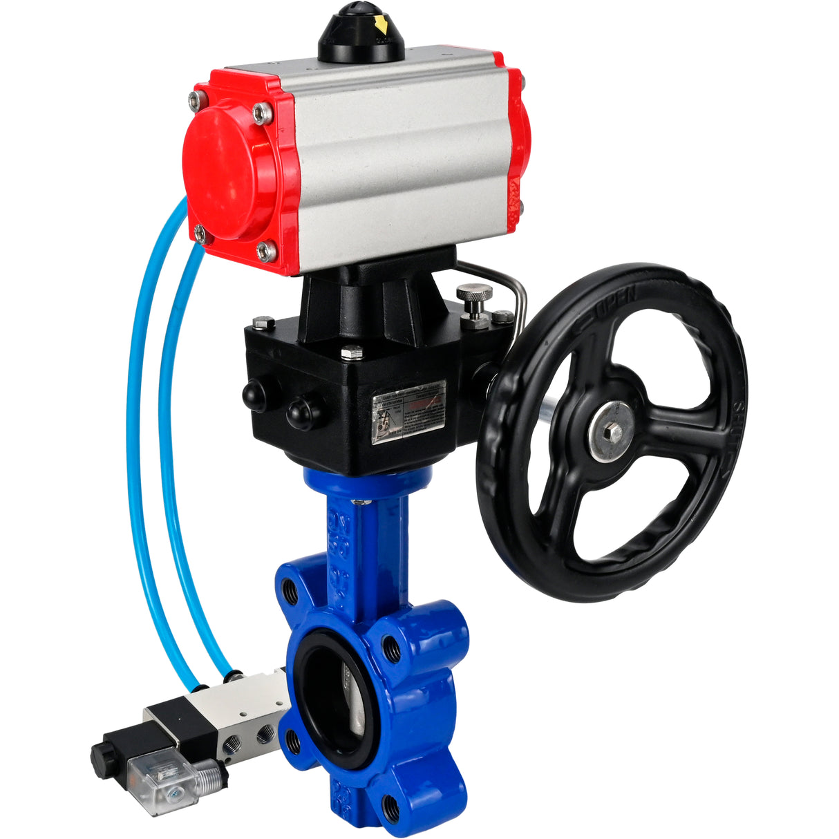 Water Butterfly Valve Elephant WBV1631E-2W-Fb-H, body material - cast iron QT450, disk material - stainless steel AISI 304, seal - EPDM, with pneumatic actuator double action PA-DA, 4V320-10 220V, handwheel MON