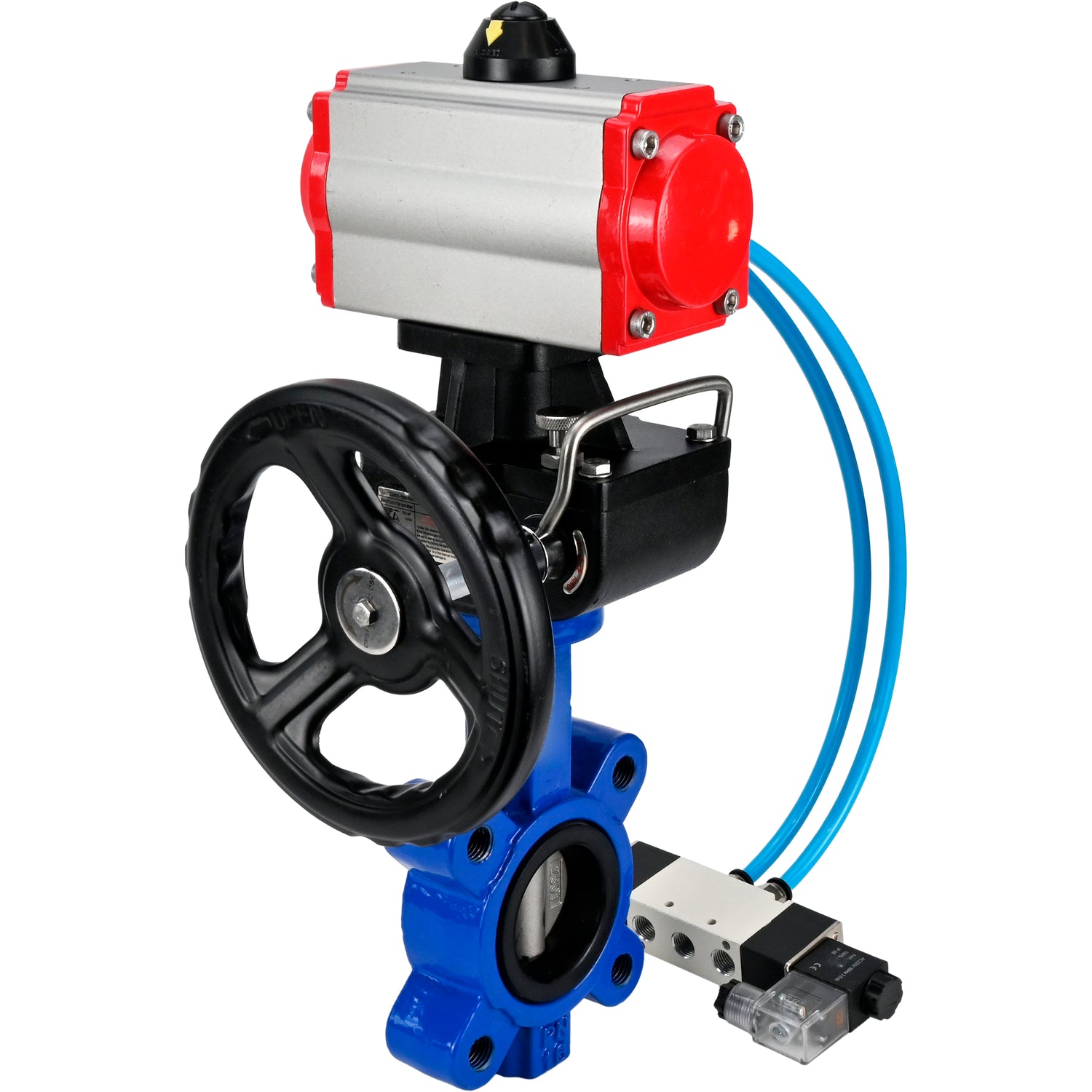 Water Butterfly Valve Elephant WBV1631E-2W-Fb-H, body material - cast iron QT450, disk material - stainless steel AISI 304, seal - EPDM, with pneumatic actuator double action PA-DA, 4V320-10 220V, handwheel MON