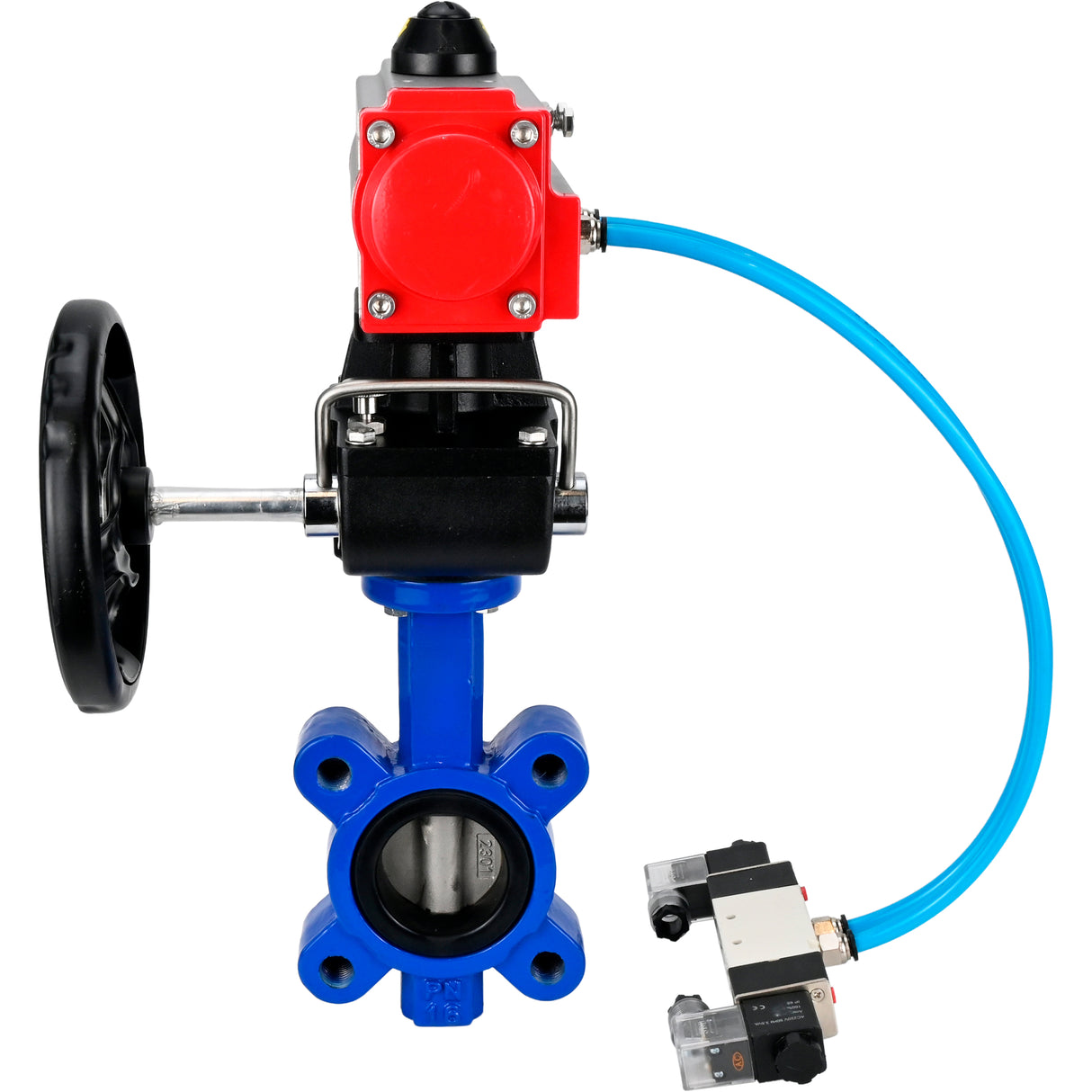 Water Butterfly Valve Elephant WBV1631E-2W-Fb-H, body material - cast iron QT450, disk material - stainless steel AISI 304, seal - EPDM, with pneumatic actuator double action PA-DA, 4V320-10 220V, handwheel MON
