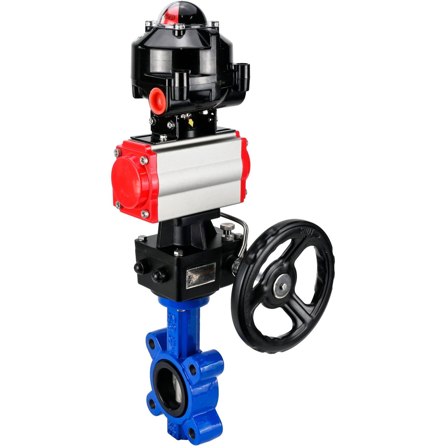 Water Butterfly Valve Elephant WBV1631N-2W-Fb-H, body material - cast iron QT450, disk material - stainless steel AISI 304, seal - NBR, with pneumatic actuator double action PA-DA, handwheel MON, LSU APL-510N EX