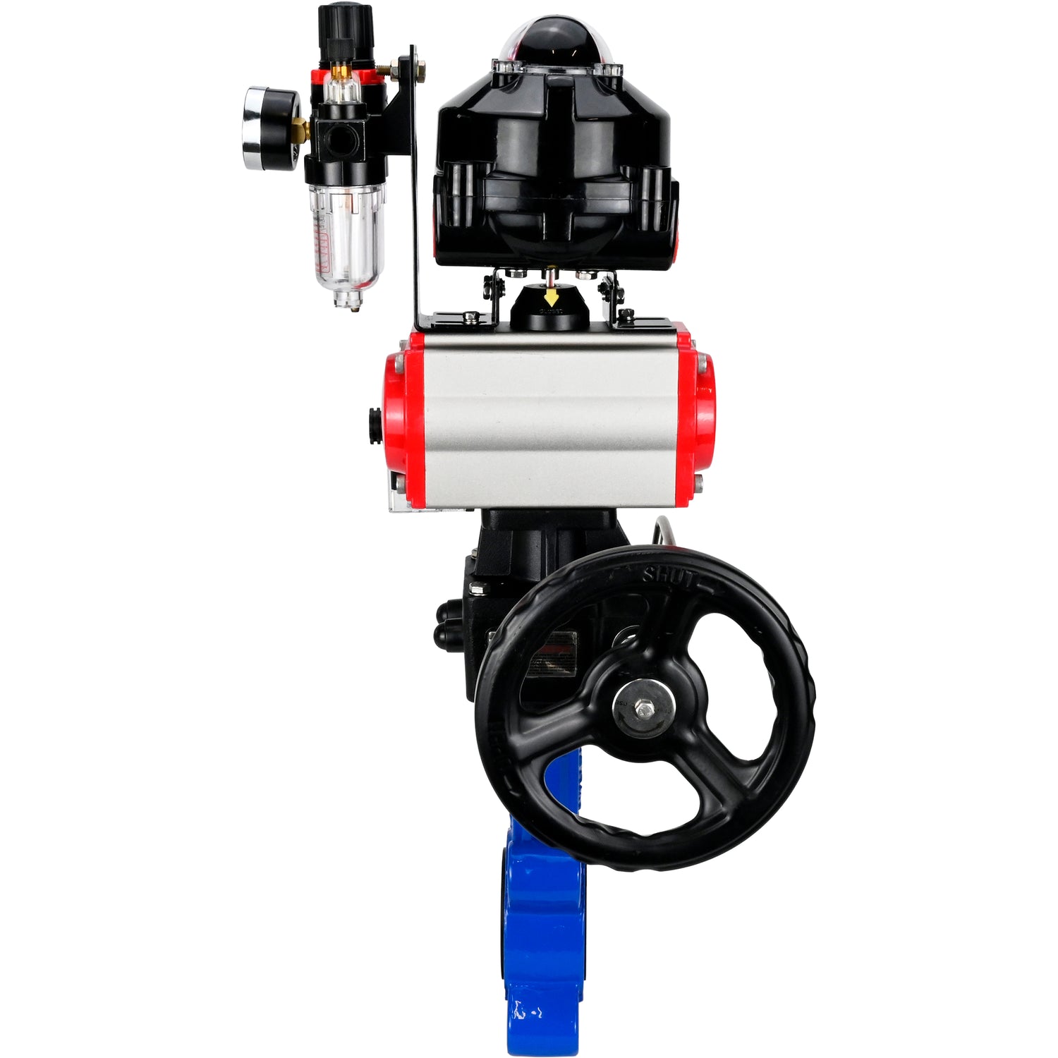 Water Butterfly Valve Elephant WBV1631N-2W-Fb-H, body material - cast iron QT450, disk material - Stainless steel AISI 304, seal - NBR, pneumatic actuator PA-DA double action, 4M310-08 220V, LSU APL-510N EX, handwheel MON, ATU AFC2000