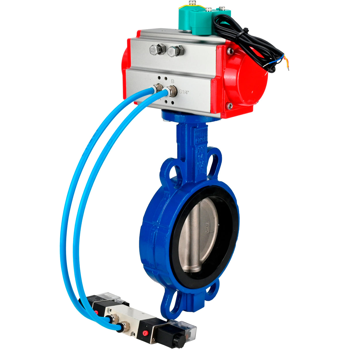 Water Butterfly Valve for abrasive media  Elephant WBV1632E-2W-Fb-H DN40-200 16 bar body - QT450 cast iron, disc - 316L stainless steel, seal - EPDM, with pneumatic actuator PA-DA-XXX, pneumatic distributor 4V320-10 220V and ALS200D magnetic switch