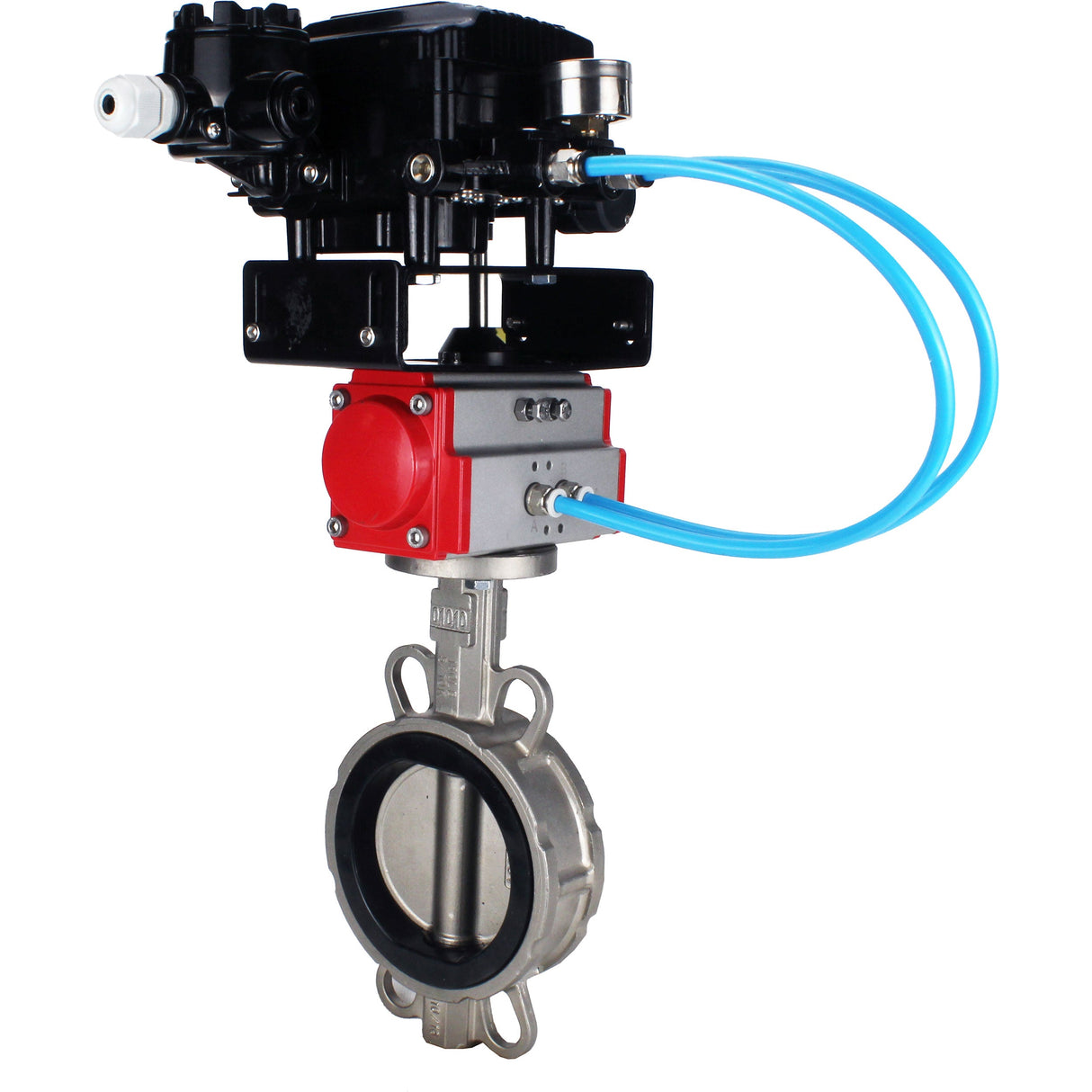 Water Butterfly Valve Elephant WBV3131V-2W-Fb-H, body material - Stainless steel AISI 304, disk material - Stainless steel AISI 304, seal - Viton, pneumatic actuator PA-SA with return springs, positioner YT-1000RSN without feedback