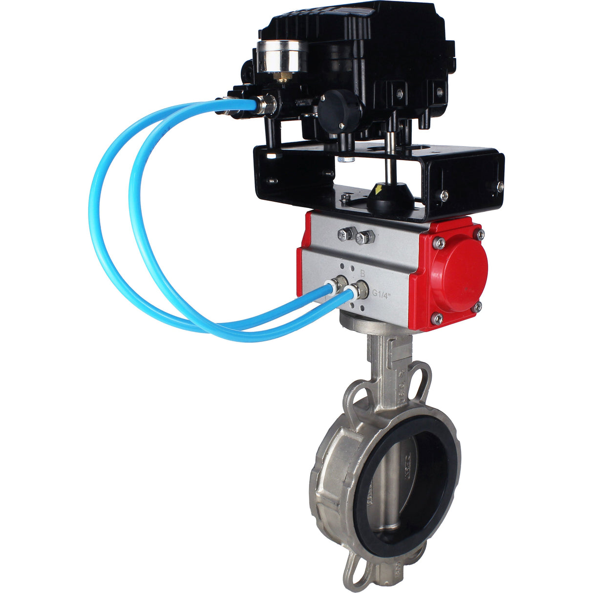 Water Butterfly Valve Elephant WBV3131E-2W-Fb-H, body material - Stainless steel AISI 304, disk material - Stainless steel AISI 304, seal - EPDM, pneumatic actuator PA-SA with return springs, positioner YT-1000RSN without feedback