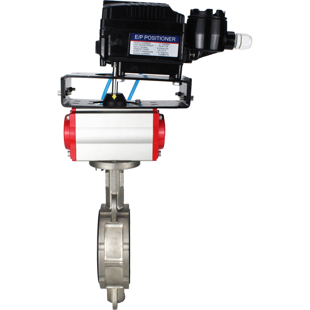 Water Butterfly Valve Elephant WBV3131N-2W-Fb-H, body material - Stainless steel AISI 304, disk material - Stainless steel AISI 304, seal - NBR, pneumatic actuator PA-SA with return springs, positioner YT-1000RSN with feedback