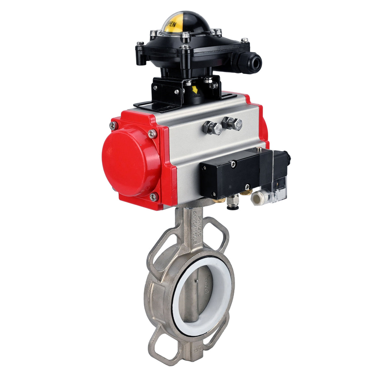 Water Butterfly Valve Elephant WBV3131P-2W-Fb-H, body material - Stainless steel AISI 304, disk material - Stainless steel AISI 304, seal - PTFE, pneumatic actuator PA-SA with return springs, 4M310-08 NAMUR 24V, LSU APL-210N