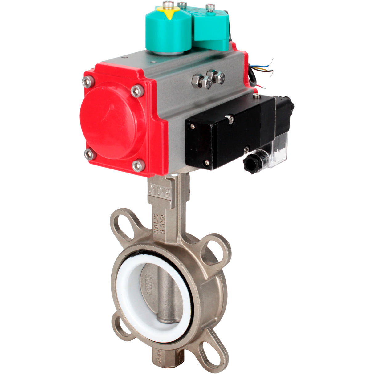 Water Butterfly Valve Elephant WBV3232P-2W-Fb-H DN40-300 16 bar case - 316L stainless steel, disc - 316L stainless steel, seal - PTFE, with pneumatic actuator PA-DA-XXX, pneumatic distributor 4M310-08 NAMUR 220V and ALS200D magnetic switch