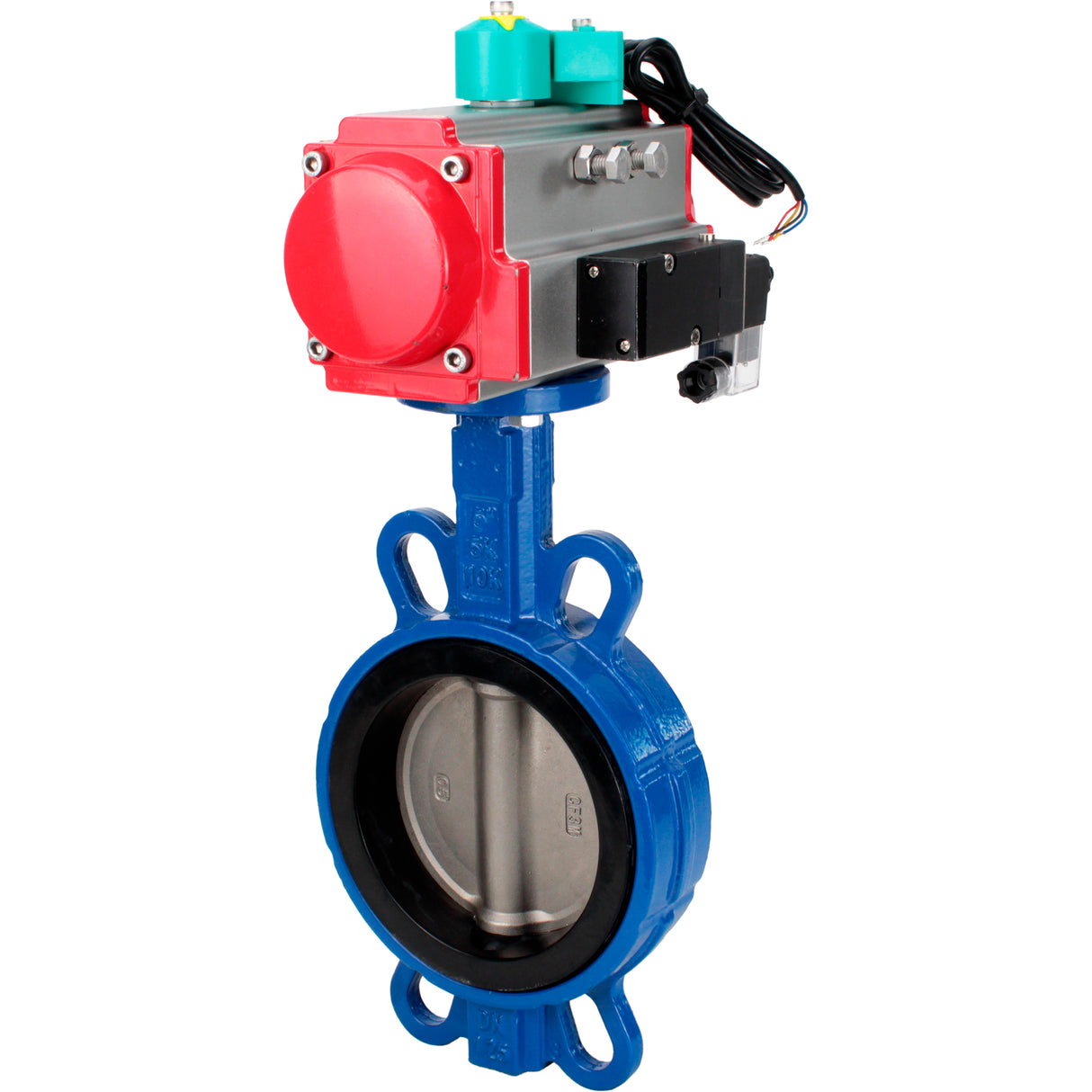 Water Butterfly Valve Elephant WBV3432V-2W-Fb-H DN50-300 16 bar body - WCB carbon steel, disc - 316L stainless steel, seal - Viton, with pneumatic actuator PA-DA-XXX, pneumatic distributor 4M310-08 NAMUR 220V and ALS200D magnetic switch