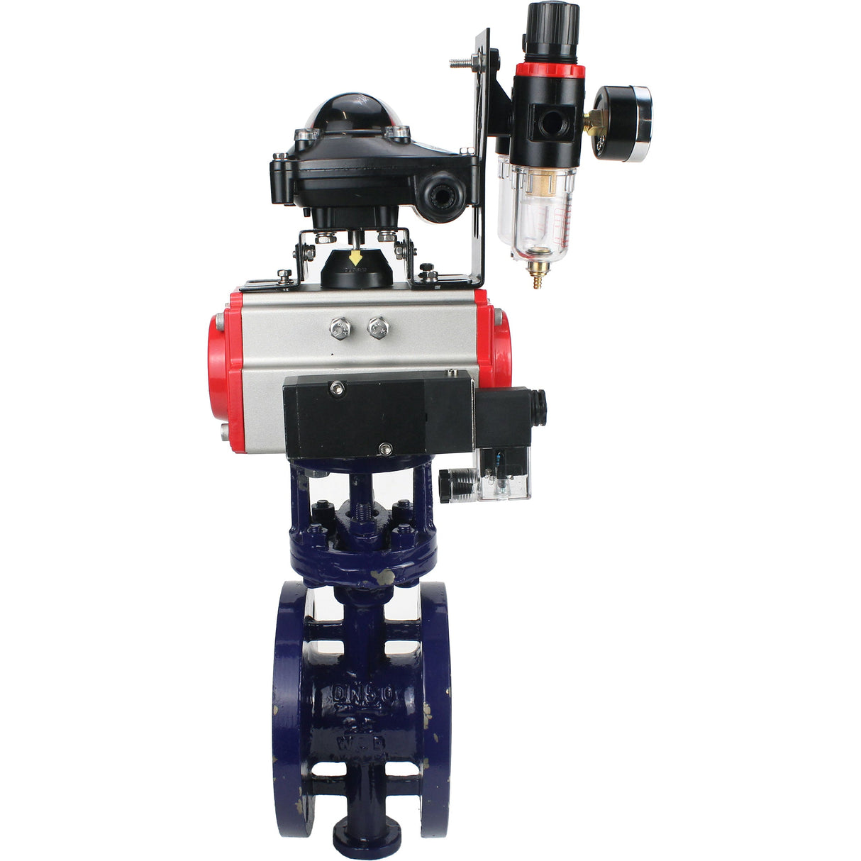 Water Butterfly Valve Elephant WBV3EX-3431M-1W-F-ISO, body material - Carbon steel, disk material - Stainless steel AISI 304, seal - Metal, pneumatic actuator PA-DA double action, 4M310-08 NAMUR 220V, LSU APL-210N ATU AFC2000