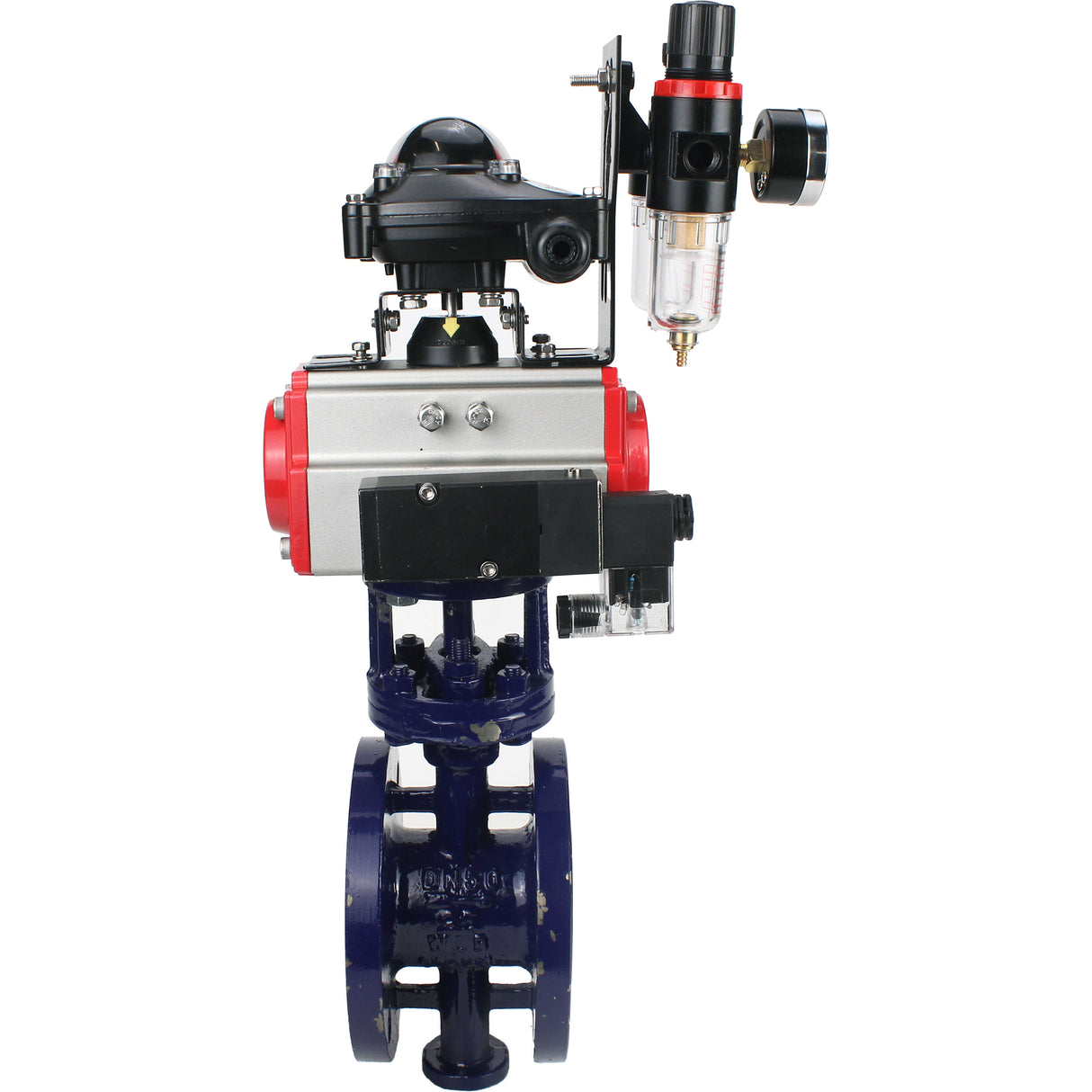 Water Butterfly Valve Elephant WBV3EX-3431M-1W-F-ISO, body material - Carbon steel, disk material - Stainless steel AISI 304, seal - Metal, pneumatic actuator PA-SA with return springs, 4M310-08 NAMUR 220V, LSU APL-210N ATU AFC2000