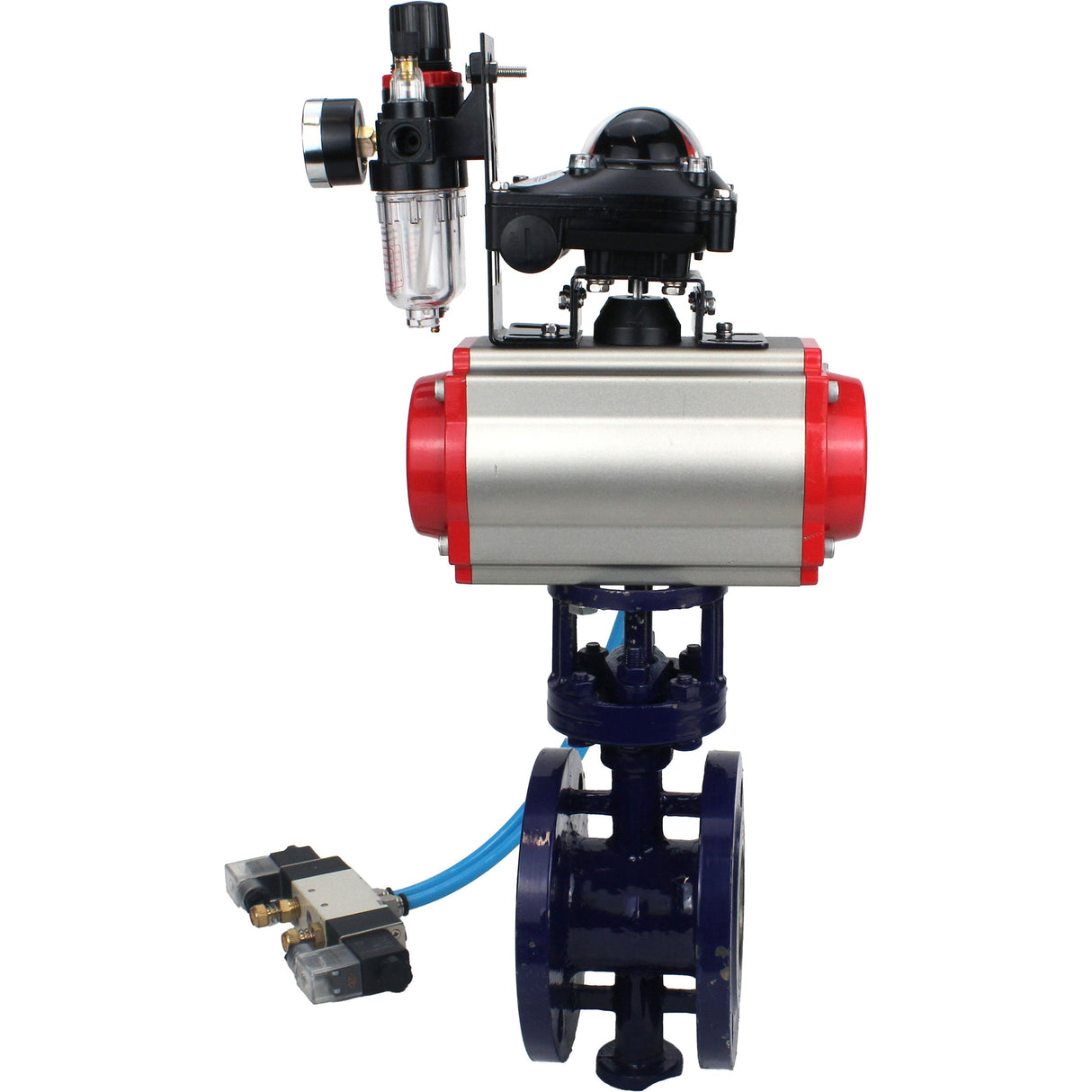 Water Butterfly Valve Elephant WBV3EX-3431M-1W-F-ISO, body material - Carbon steel, disk material - Stainless steel AISI 304, seal - Metal, pneumatic actuator PA-SA with return springs, 4V320-10 220V, LSU APL-210N ATU AFC2000