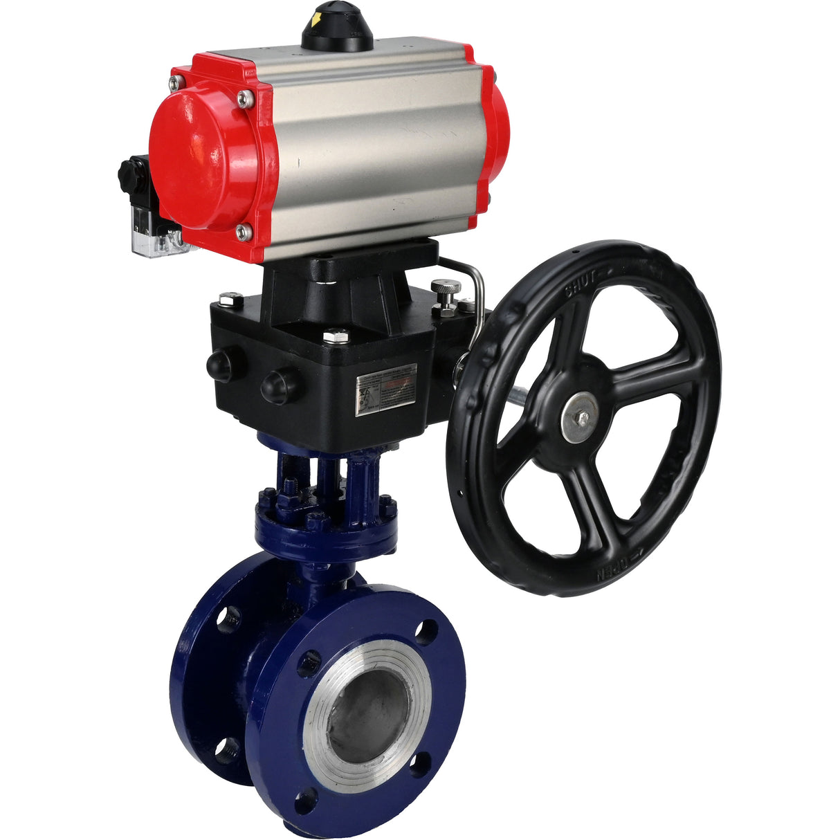 Water Butterfly Valve Elephant WBV3EX-3432M-1W-F-ISO, body material - Carbon steel, disk material - Stainless steel AISI 316, seal - Metal, pneumatic actuator PA-DA double action, 4M310-08 NAMUR 24V handwheel MON