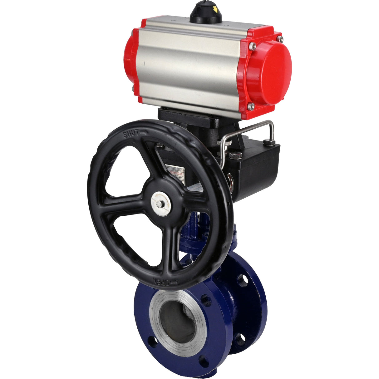 Water Butterfly Valve Elephant WBV3EX-3432M-1W-F-ISO, body material - Carbon steel, disk material - Stainless steel AISI 316, seal - Metal, pneumatic actuator PA-DA double action, 4M310-08 NAMUR 220V handwheel MON