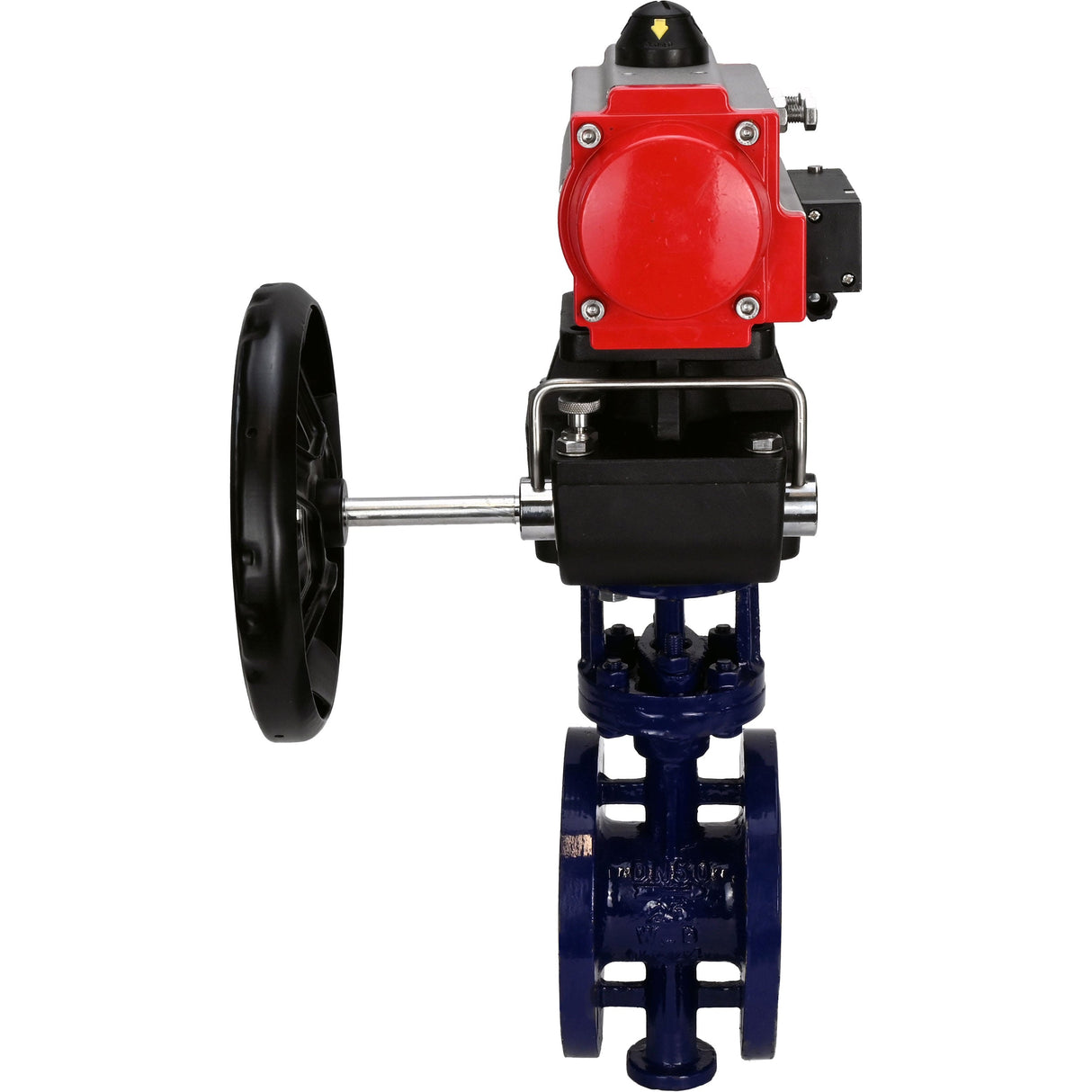 Water Butterfly Valve Elephant WBV3EX-3431M-1W-F-ISO, body material - Carbon steel, disk material - Stainless steel AISI 304, seal - Metal, pneumatic actuator PA-DA double action, 4M310-08 NAMUR 24V handwheel MON,