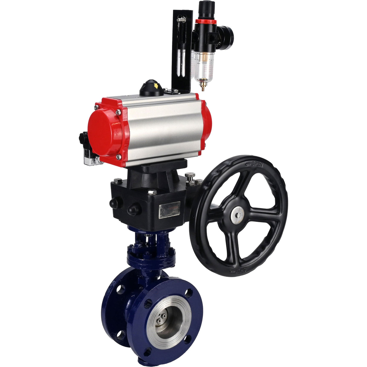 Water Butterfly Valve Elephant WBV3EX-3431M-1W-F-ISO, body material - Carbon steel, disk material - Stainless steel AISI 304, seal - Metal, pneumatic actuator PA-DA double action, 4M310-08 NAMUR 220V handwheel MON, ATU AFC2000