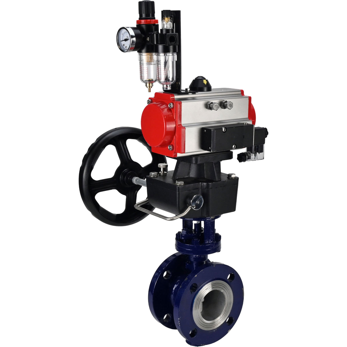 Water Butterfly Valve Elephant WBV3EX-3432M-1W-F-ISO, body material - Carbon steel, disk material - Stainless steel AISI 316, seal - Metal, pneumatic actuator PA-DA double action, 4M310-08 NAMUR 24V handwheel MON, ATU AFC2000