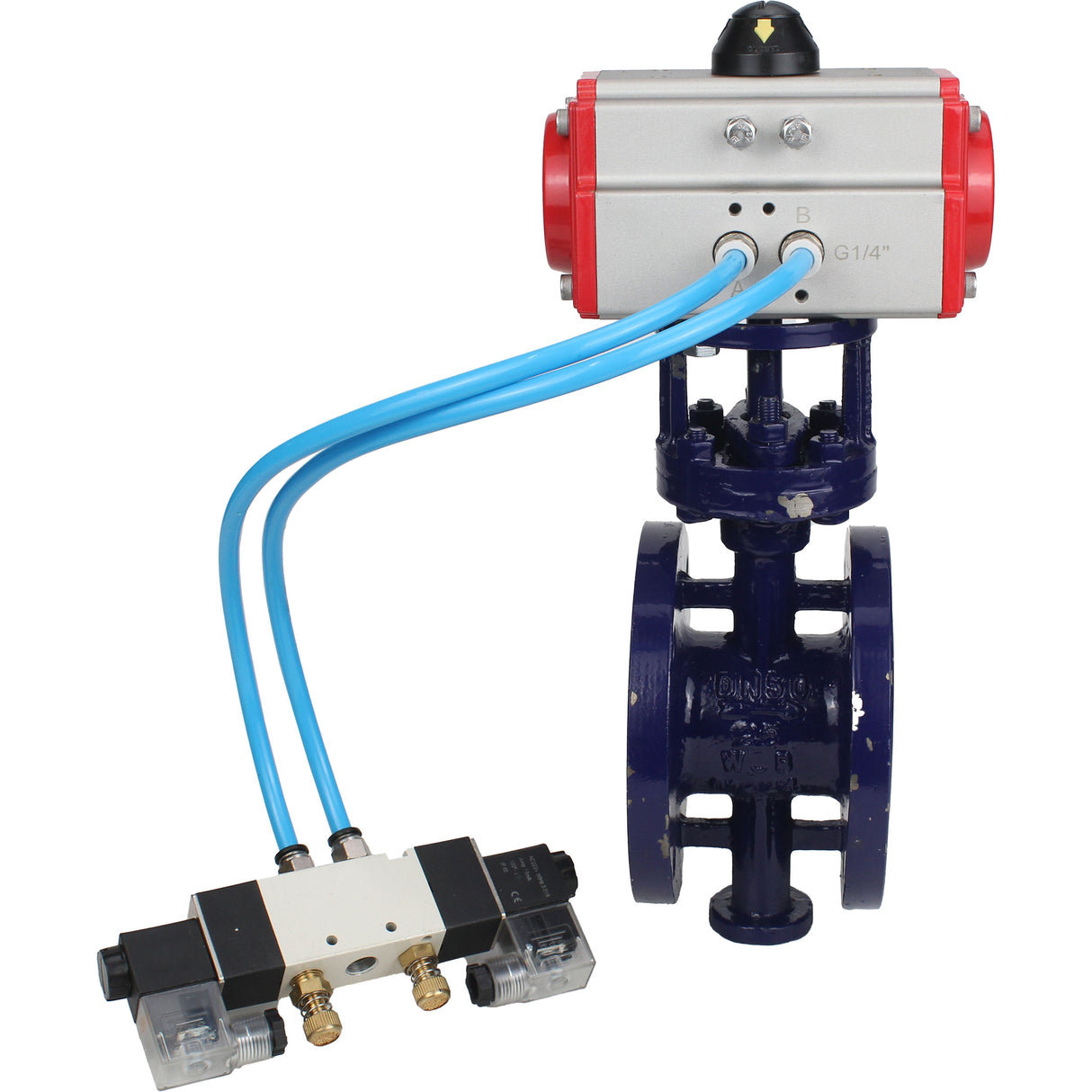 Water Butterfly Valve Elephant WBV3EX-3431M-1W-F-ISO, body material - Carbon steel, disk material - Stainless steel AISI 304, seal - Metal, pneumatic actuator PA-SA with return springs, 4V320-10 220V