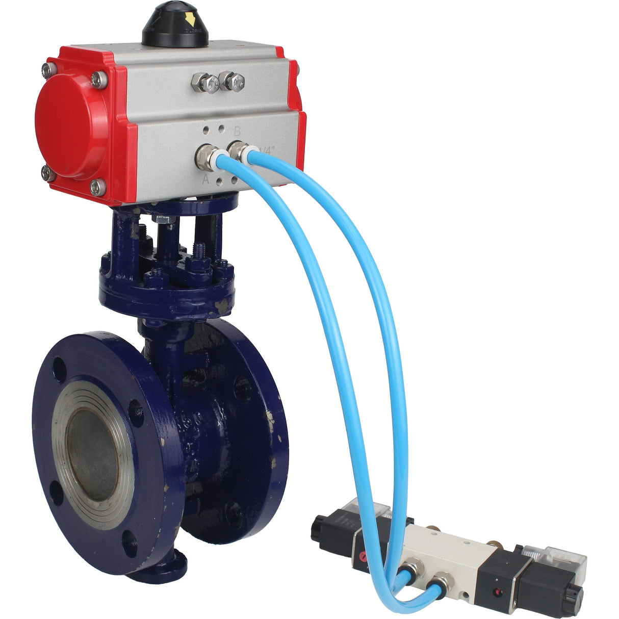 Water Butterfly Valve Elephant WBV3EX-3432M-1W-F-ISO, body material - Carbon steel, disk material - Stainless steel AISI 316, seal - Metal, pneumatic actuator PA-SA with return springs, 4V320-08 220V