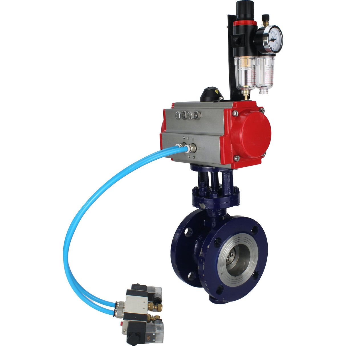 Water Butterfly Valve Elephant WBV3EX-3432M-1W-F-ISO, body material - Carbon steel, disk material - Stainless steel AISI 316, seal - Metal, pneumatic actuator PA-SA with return springs, 4V320-10 220V ATU AFC2000