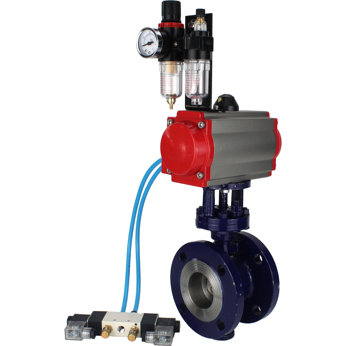 Water Butterfly Valve Elephant WBV3EX-3431M-1W-F-ISO, body material - Carbon steel, disk material - Stainless steel AISI 304, seal - Metal, pneumatic actuator PA-SA with return springs, 4V320-10 220V ATU AFC2000