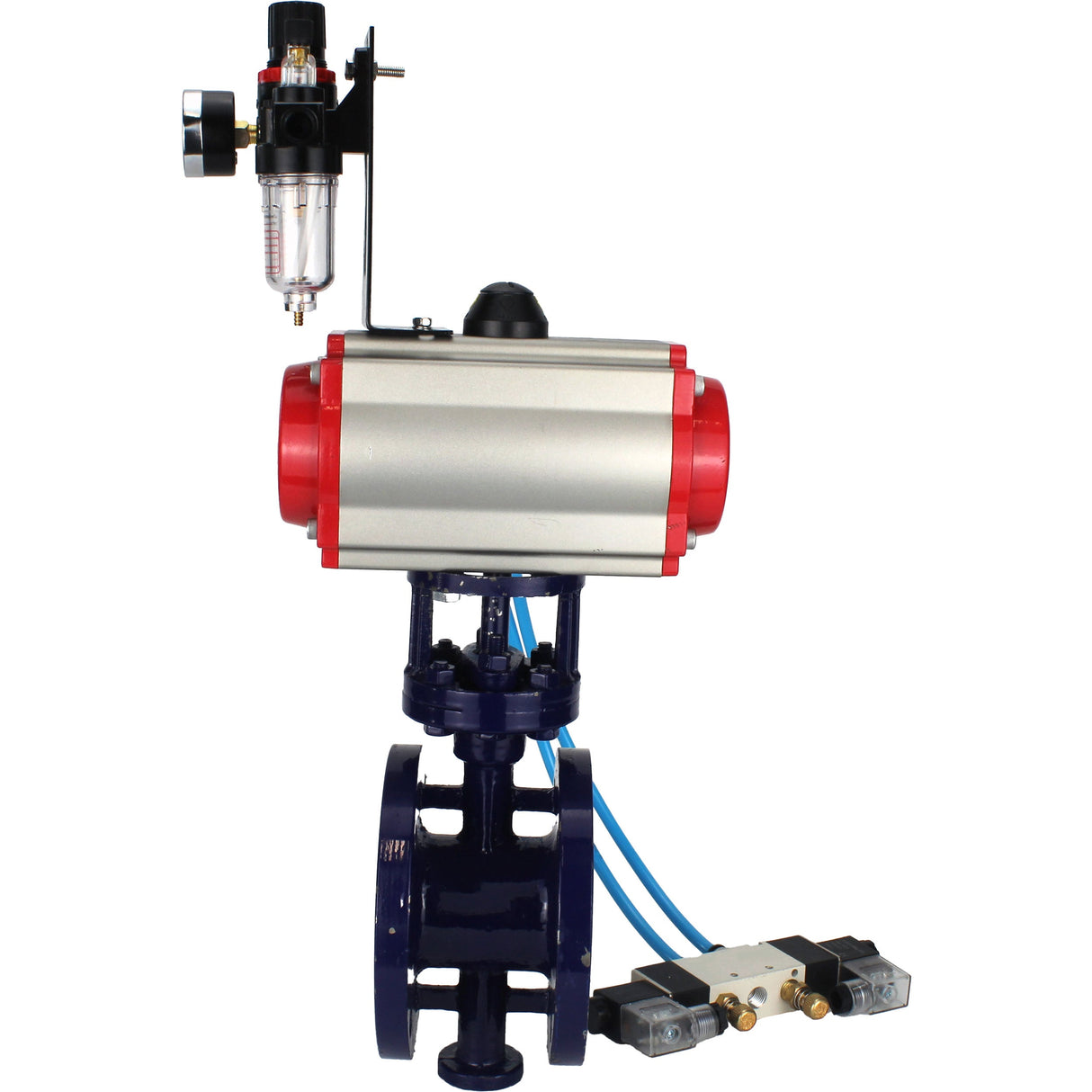 Water Butterfly Valve Elephant WBV3EX-3432M-1W-F-ISO, body material - Carbon steel, disk material - Stainless steel AISI 316, seal - Metal, pneumatic actuator PA-SA with return springs, 4V320-10 220V ATU AFC2000
