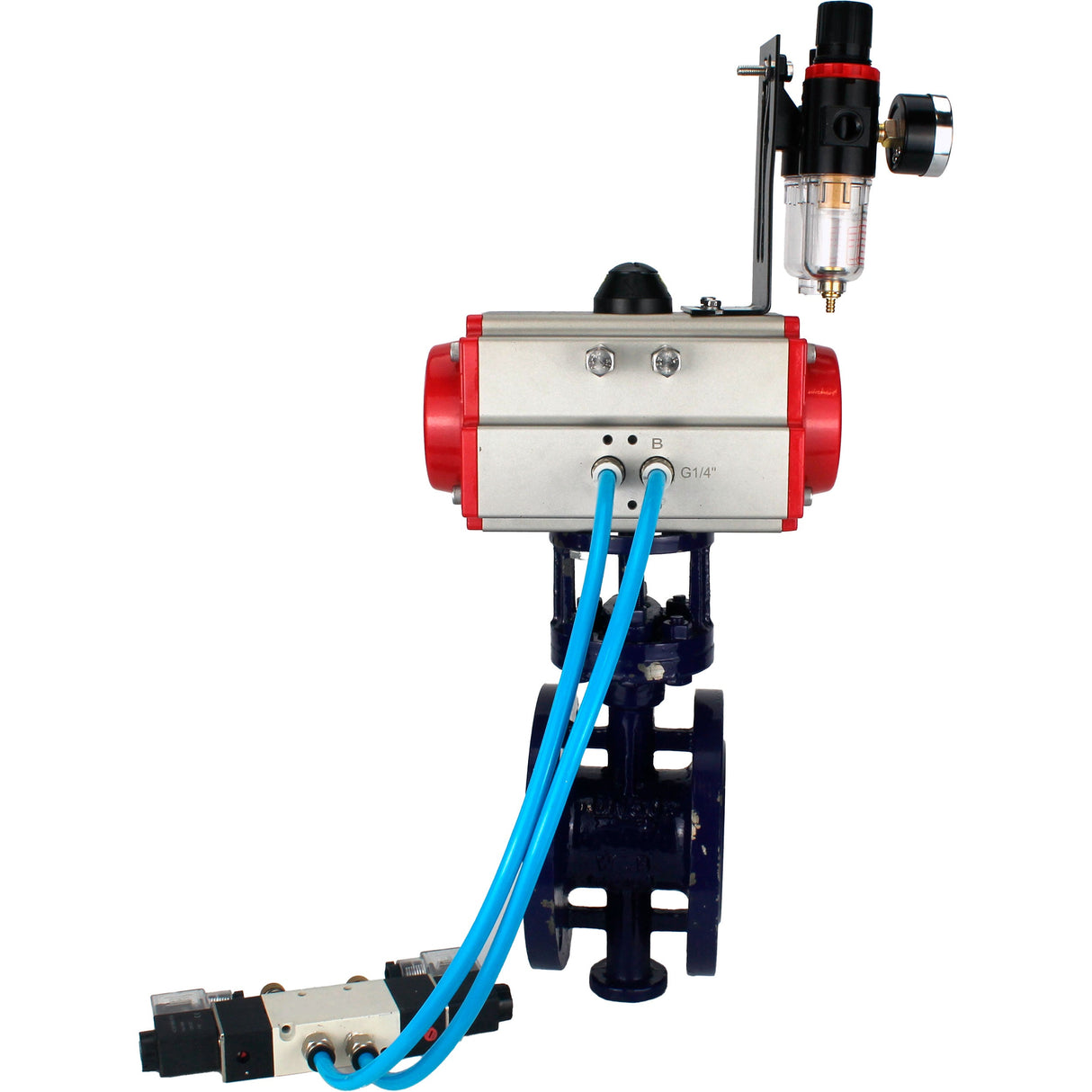 Water Butterfly Valve Elephant WBV3EX-3431M-1W-F-ISO, body material - Carbon steel, disk material - Stainless steel AISI 304, seal - Metal, pneumatic actuator PA-DA double action, 4V320-08 220V, ATU AFC2000