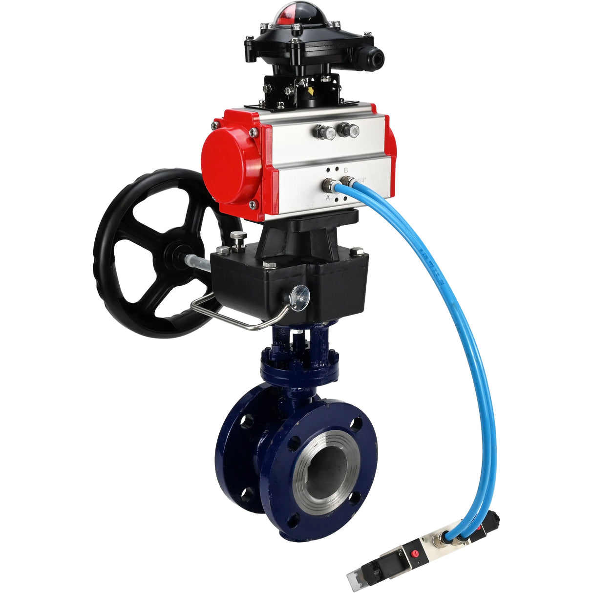 Water Butterfly Valve Elephant WBV3EX-3432M-1W-F-ISO, body material - Carbon steel, disk material - Stainless steel AISI 316, seal - Metal, pneumatic actuator PA-DA double action, 4V320-08 220V, LSU APL-210N, handwheel MON