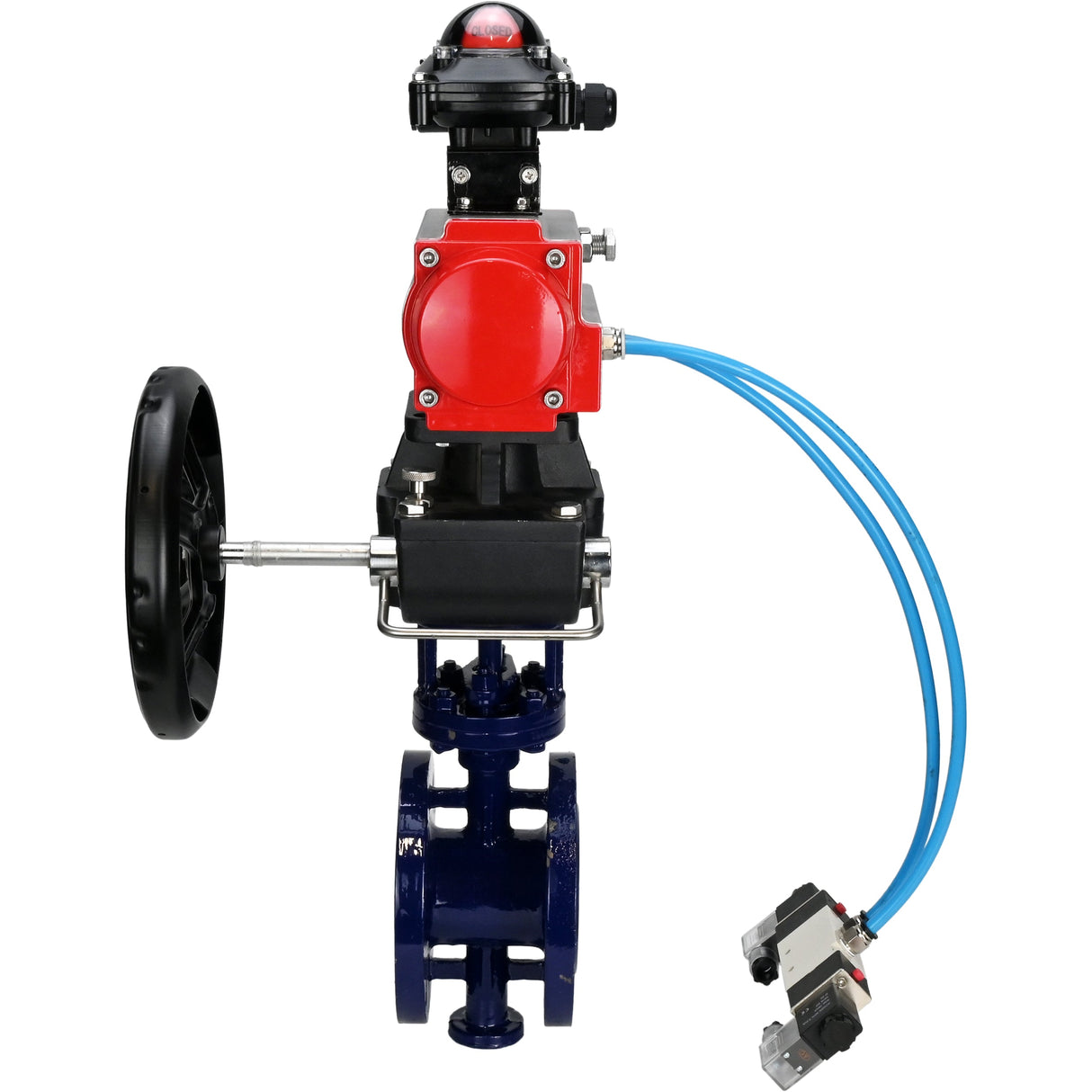 Water Butterfly Valve Elephant WBV3EX-3431M-1W-F-ISO, body material - Carbon steel, disk material - Stainless steel AISI 304, seal - Metal, pneumatic actuator PA-DA double action, 4V320-08 220V, LSU APL-210N, handwheel MON,