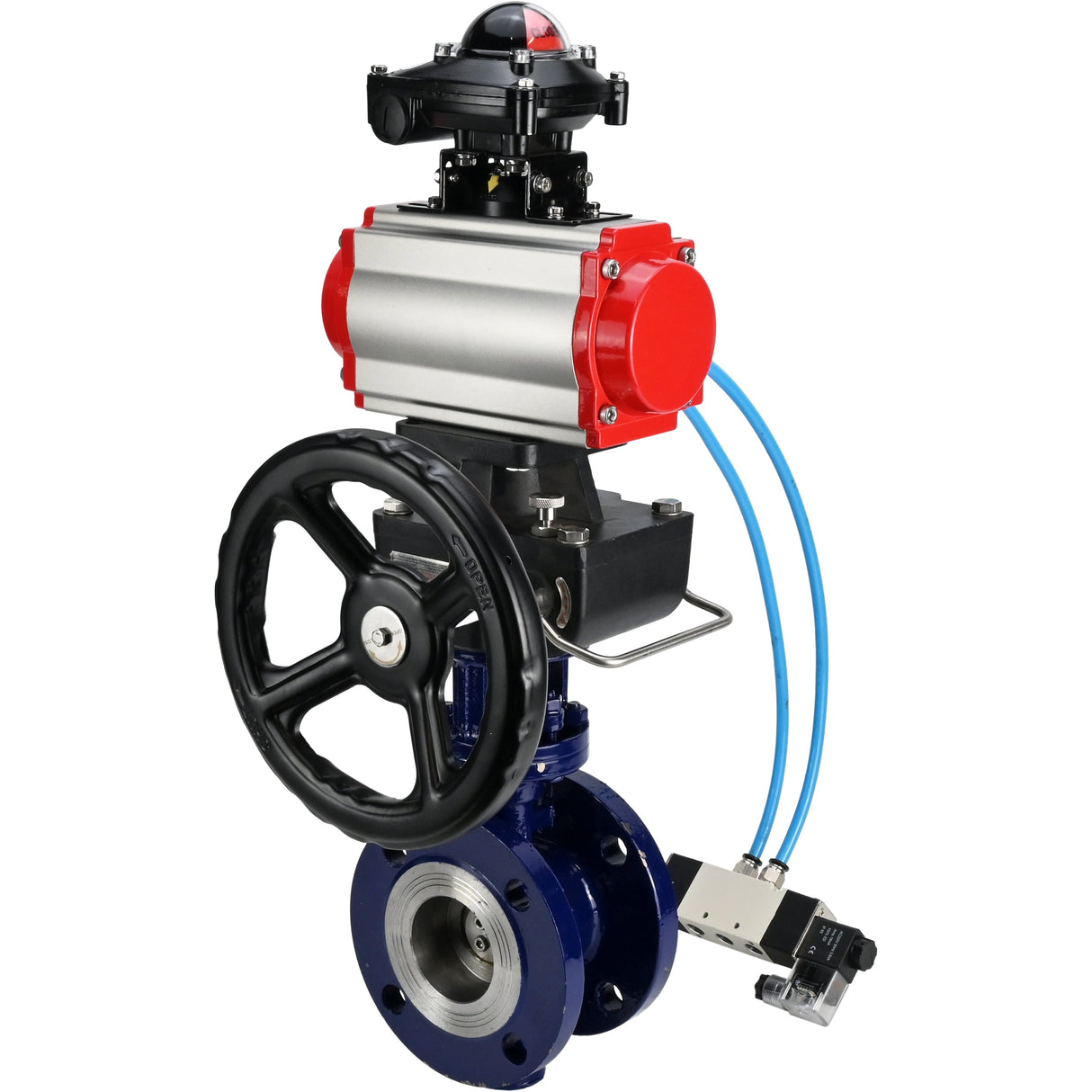 Water Butterfly Valve Elephant WBV3EX-3432M-1W-F-ISO, body material - Carbon steel, disk material - Stainless steel AISI 316, seal - Metal, pneumatic actuator PA-DA double action, 4V320-08 220V, LSU APL-210N, handwheel MON