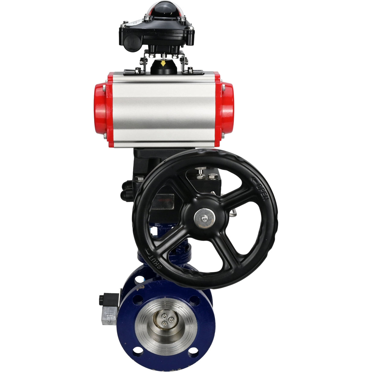 Water Butterfly Valve Elephant WBV3EX-3431M-1W-F-ISO, body material - Carbon steel, disk material - Stainless steel AISI 304, seal - Metal, pneumatic actuator PA-DA double action, 4V320-08 220V, LSU APL-210N, handwheel MON,