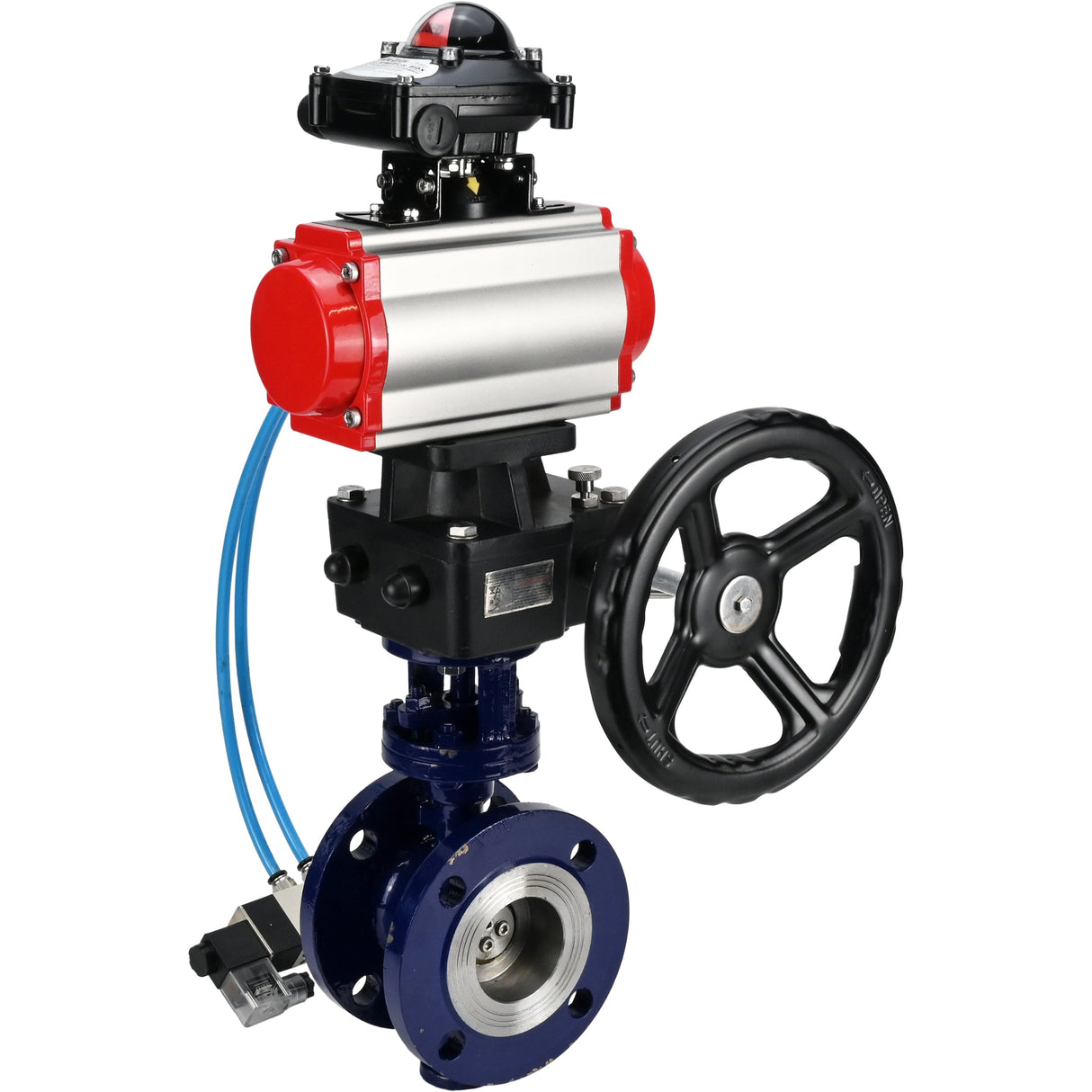Water Butterfly Valve Elephant WBV3EX-3432M-1W-F-ISO, body material - Carbon steel, disk material - Stainless steel AISI 316, seal - Metal, pneumatic actuator PA-DA double action, 4V320-08 220V, LSU APL-210N, handwheel MON