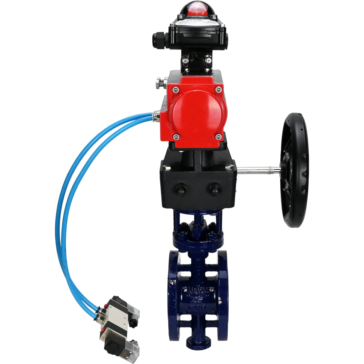 Water Butterfly Valve Elephant WBV3EX-3432M-1W-F-ISO, body material - Carbon steel, disk material - Stainless steel AISI 316, seal - Metal, pneumatic actuator PA-DA double action, 4V320-10 220V, LSU APL-210N, handwheel MON