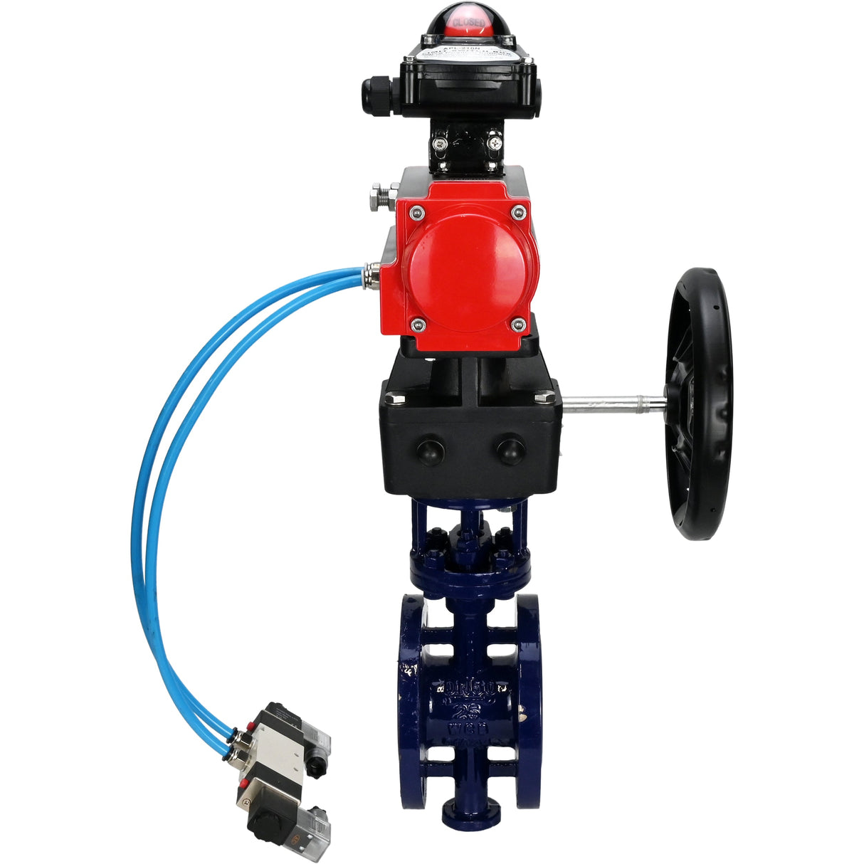 Water Butterfly Valve Elephant WBV3EX-3432M-1W-F-ISO, body material - Carbon steel, disk material - Stainless steel AISI 316, seal - Metal, pneumatic actuator PA-DA double action, 4V320-08 220V, LSU APL-210N, handwheel MON