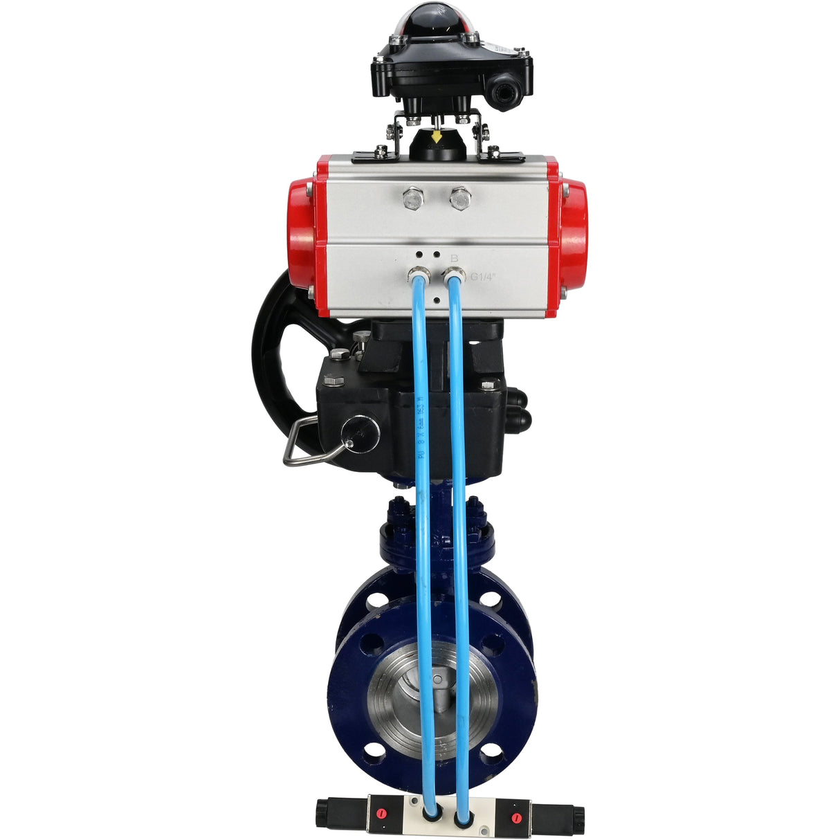 Water Butterfly Valve Elephant WBV3EX-3431M-1W-F-ISO, body material - Carbon steel, disk material - Stainless steel AISI 304, seal - Metal, pneumatic actuator PA-DA double action, 4V320-10 220V, LSU APL-210N, handwheel MON,