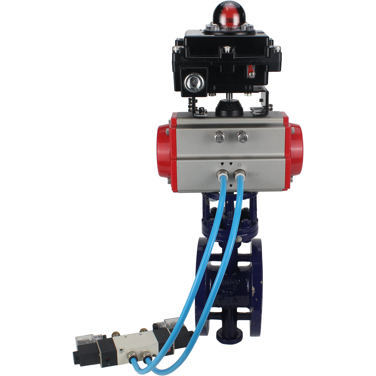 Water Butterfly Valve Elephant WBV3EX-3431M-1W-F-ISO, body material - Carbon steel, disk material - Stainless steel AISI 304, seal - Metal, pneumatic actuator PA-SA with return springs, 4V320-08 220V, LSU APL-410N EX