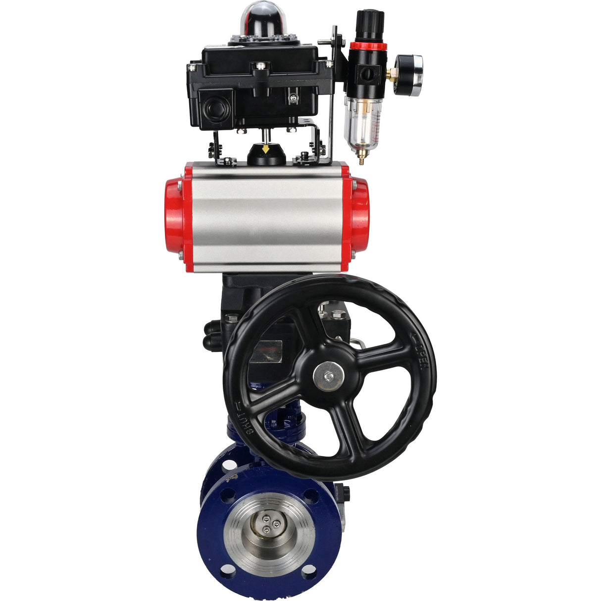 Water Butterfly Valve Elephant WBV3EX-3432M-1W-F-ISO, body material - Carbon steel, disk material - Stainless steel AISI 316, seal - Metal, pneumatic actuator PA-DA double action, 4V320-10 220V, LSU APL-410N EX, handwheel MON, ATU AFC2000