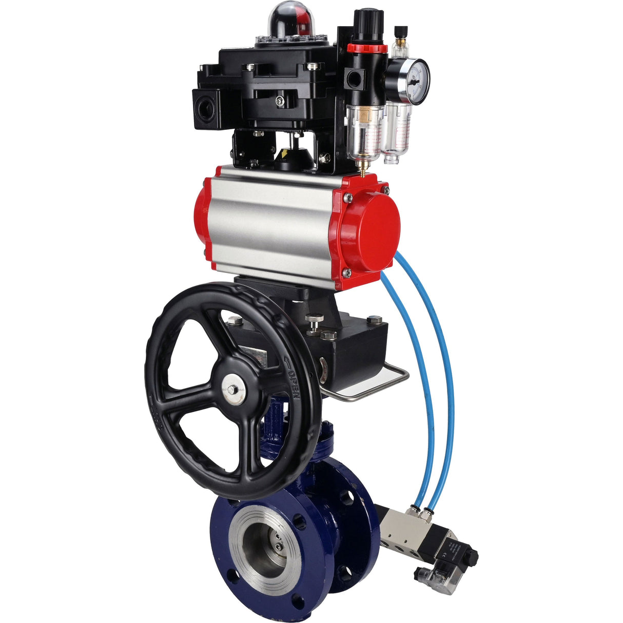 Water Butterfly Valve Elephant WBV3EX-3431M-1W-F-ISO, body material - Carbon steel, disk material - Stainless steel AISI 304, seal - Metal, pneumatic actuator PA-DA double action, 4V320-08 220V, LSU APL-410N EX, handwheel MON, ATU AFC2000