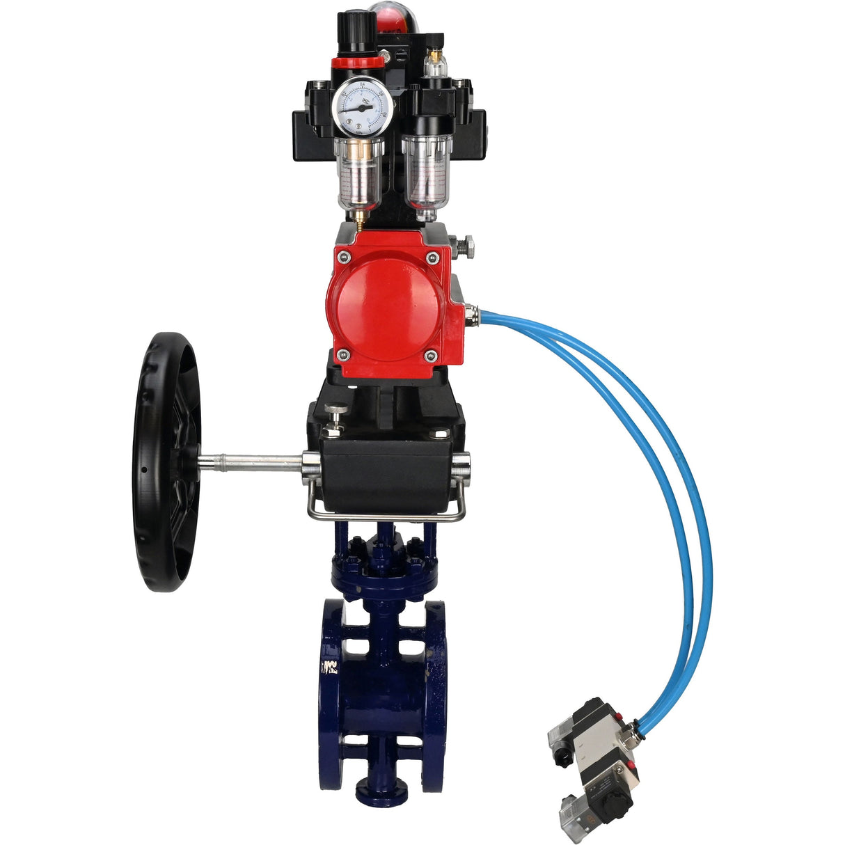 Water Butterfly Valve Elephant WBV3EX-3432M-1W-F-ISO, body material - Carbon steel, disk material - Stainless steel AISI 316, seal - Metal, pneumatic actuator PA-DA double action, 4V320-08 220V, LSU APL-410N EX, handwheel MON, ATU AFC2000
