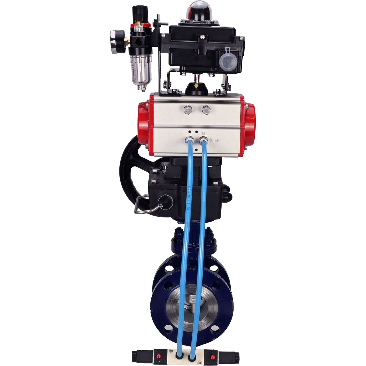 Water Butterfly Valve Elephant WBV3EX-3431M-1W-F-ISO, body material - Carbon steel, disk material - Stainless steel AISI 304, seal - Metal, pneumatic actuator PA-DA double action, 4V320-08 220V, LSU APL-410N EX, handwheel MON, ATU AFC2000