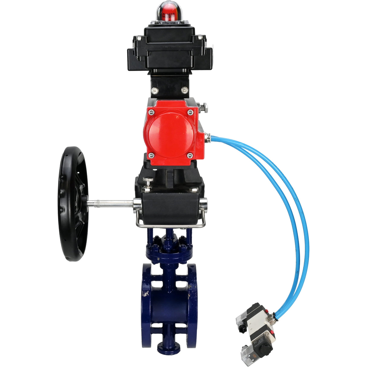 Water Butterfly Valve Elephant WBV3EX-3432M-1W-F-ISO, body material - Carbon steel, disk material - Stainless steel AISI 316, seal - Metal, pneumatic actuator PA-DA double action, 4V320-10 220V, LSU APL-410N EX, handwheel MON