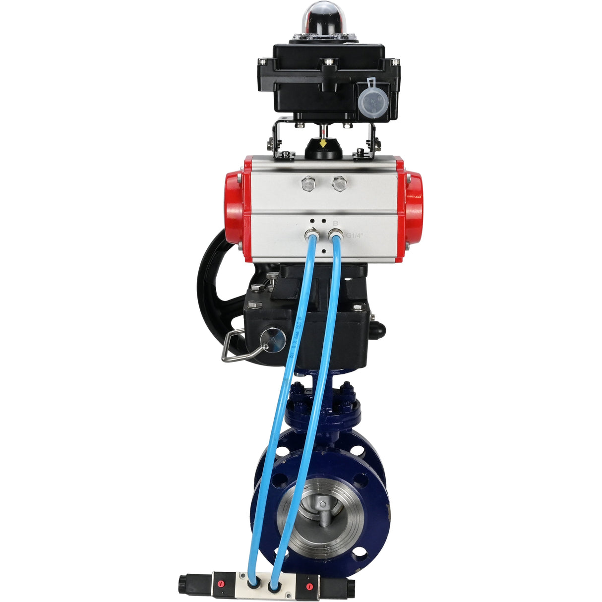 Water Butterfly Valve Elephant WBV3EX-3431M-1W-F-ISO, body material - Carbon steel, disk material - Stainless steel AISI 304, seal - Metal, pneumatic actuator PA-DA double action, 4V320-08 220V, LSU APL-410N EX, handwheel MON,