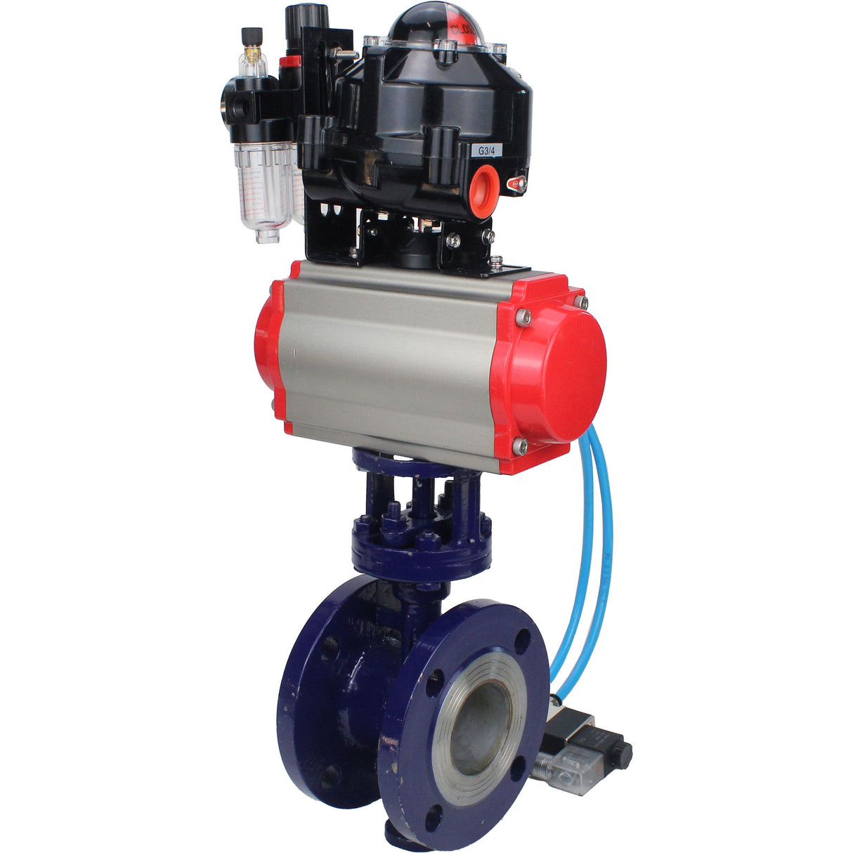 Water Butterfly Valve Elephant WBV3EX-3431M-1W-F-ISO, body material - Carbon steel, disk material - Stainless steel AISI 304, seal - Metal, pneumatic actuator PA-SA with return springs, 4V320-08 220V, LSU APL-510N EX, ATU AFC2000