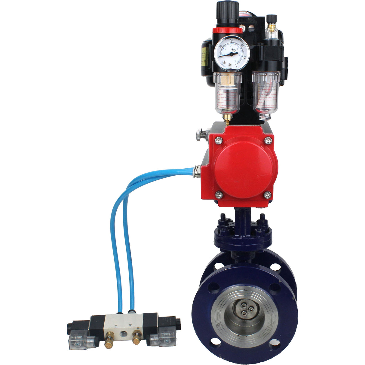 Water Butterfly Valve Elephant WBV3EX-3432M-1W-F-ISO, body material - Carbon steel, disk material - Stainless steel AISI 316, seal - Metal, pneumatic actuator PA-SA with return springs, 4V320-10 220V, LSU APL-510N EX, ATU AFC2000