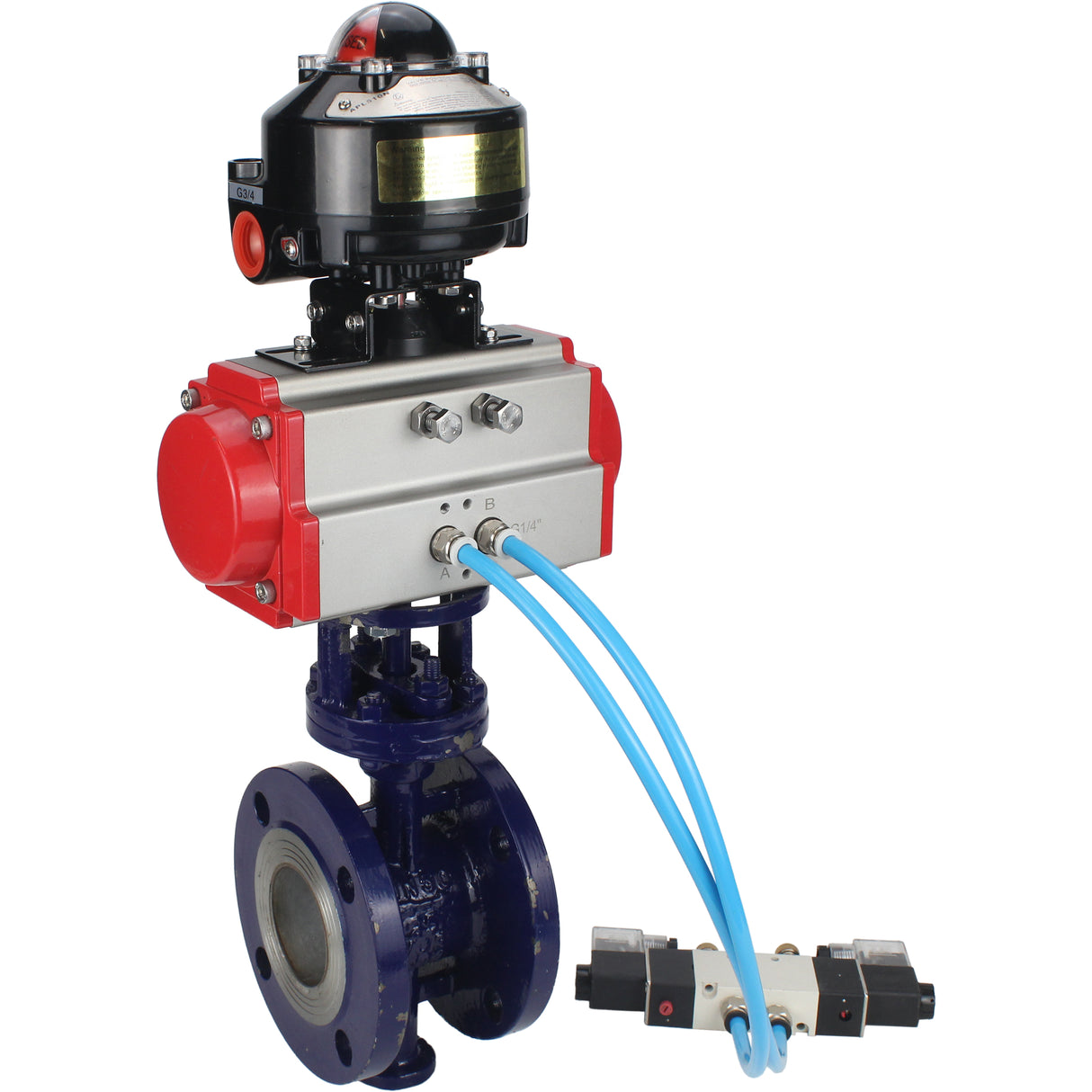 Water Butterfly Valve Elephant WBV3EX-3431M-1W-F-ISO, body material - Carbon steel, disk material - Stainless steel AISI 304, seal - Metal, pneumatic actuator PA-SA with return springs, 4V320-08 220V, LSU APL-510N EX