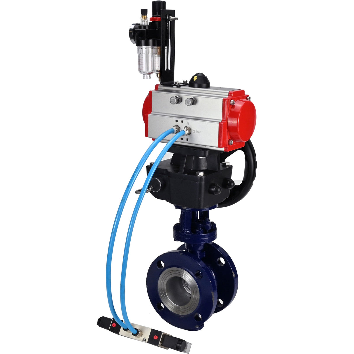 Water Butterfly Valve Elephant WBV3EX-3432M-1W-F-ISO, body material - Carbon steel, disk material - Stainless steel AISI 316, seal - Metal, pneumatic actuator PA-DA double action, 4V320-10 220V handwheel MON, ATU AFC2000