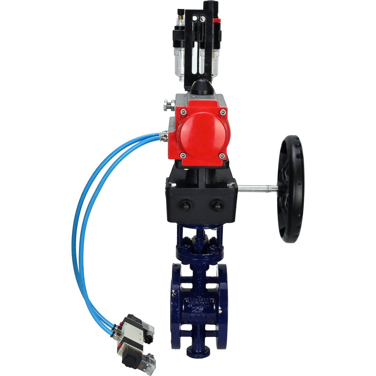 Water Butterfly Valve Elephant WBV3EX-3431M-1W-F-ISO, body material - Carbon steel, disk material - Stainless steel AISI 304, seal - Metal, pneumatic actuator PA-DA double action, 4V320-08 220V handwheel MON, ATU AFC2000